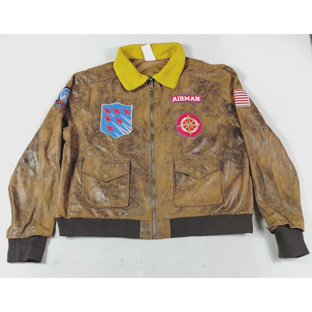 Spirit Halloween Jacket Mens XL Brown Airman Bomber Pilot USA Flag Patches